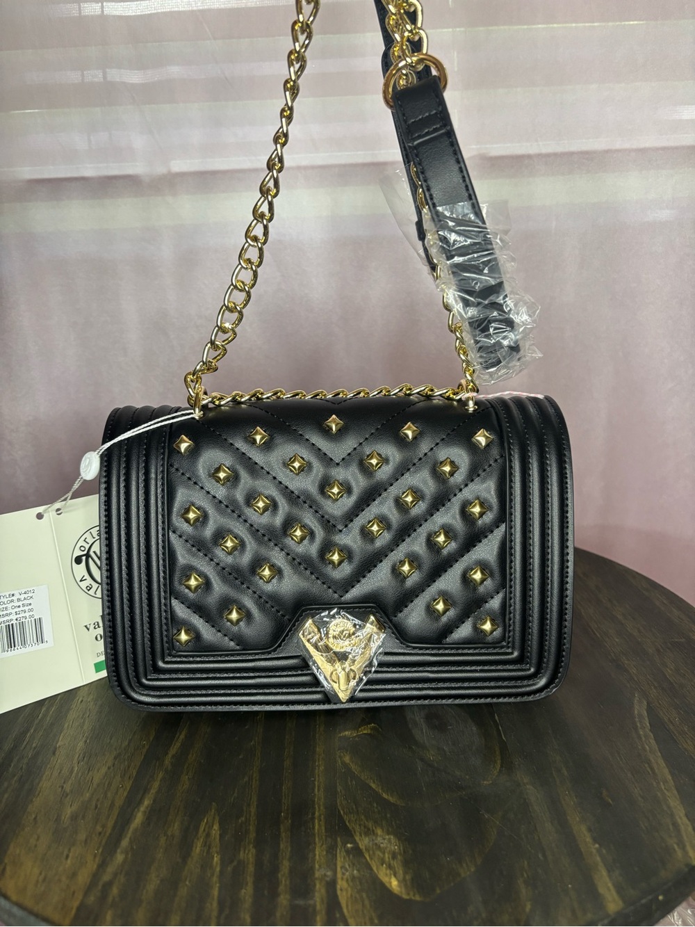 Valentino Orlandi Black Quilted Studded Shoulder Bag with Gold Hardware